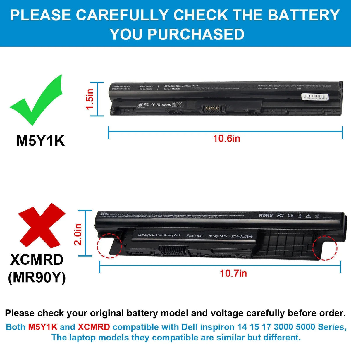 M5Y1K Battery for Dell Inspiron 15 5000 3000 Series 3451 5559 5558 5555 K185W