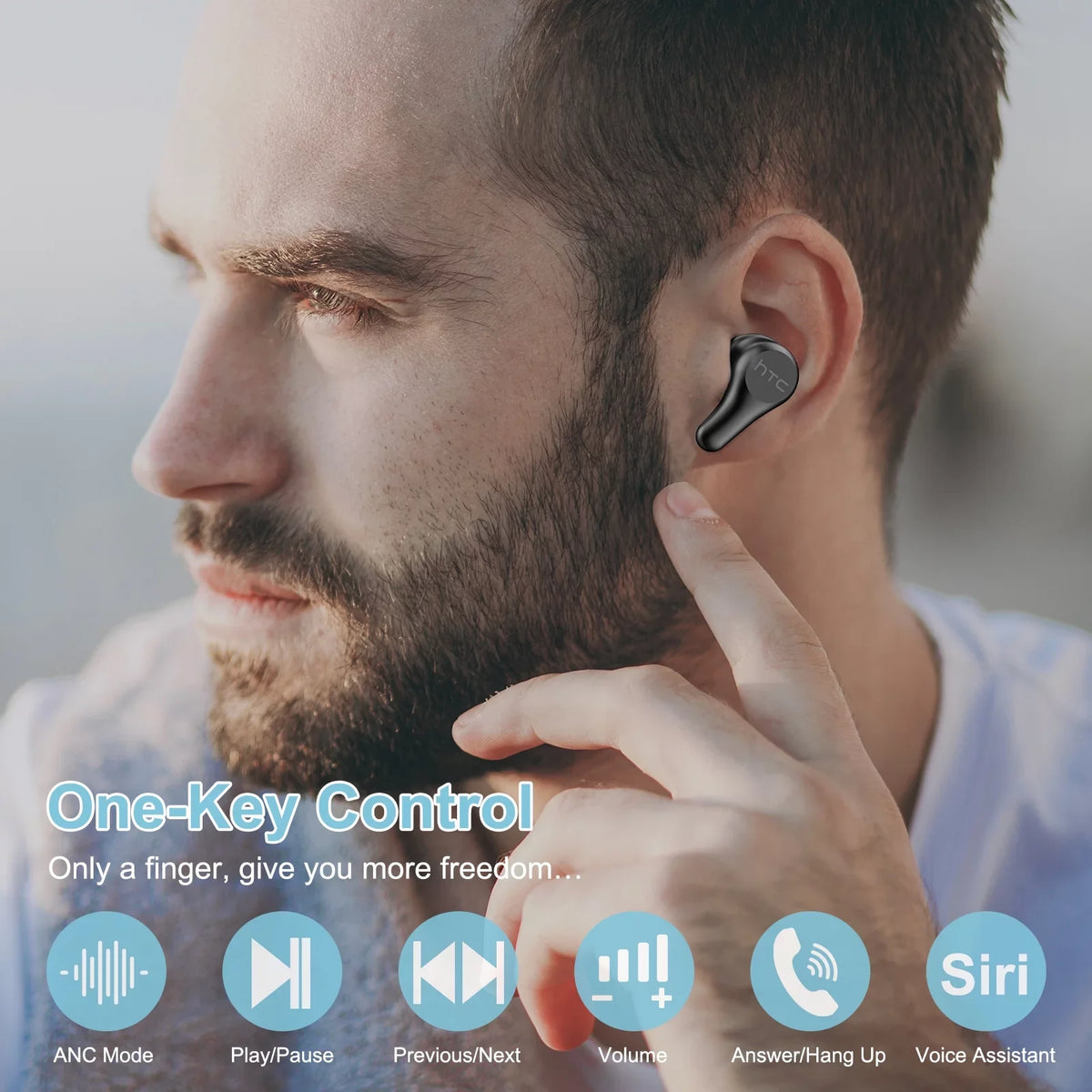 HTC True Wireless Earbuds Plus - Active Noise Cancellation IPX5 Water Resistant Bluetooth 5.0 Headphones with ENC, 24-Hour Playtime, Stereo in-Ear Touch Control Wireless Earphones