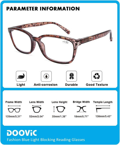 DOOViC 4 Pack Computer Reading Glasses Blue Light Blocking Anti Eyestrain Spring Hinge Stylish Readers for Women 3.00 Strength