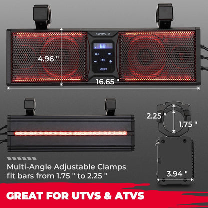 kemimoto UTV Sound Bar 16 Inch ATV SoundBar UTV Sound System SXS Speakers Waterproof Bluetooth Connectivity with Multicolor LED Lighting Compatible with Polaris RZR Ranger Can-Am Defender Maverick