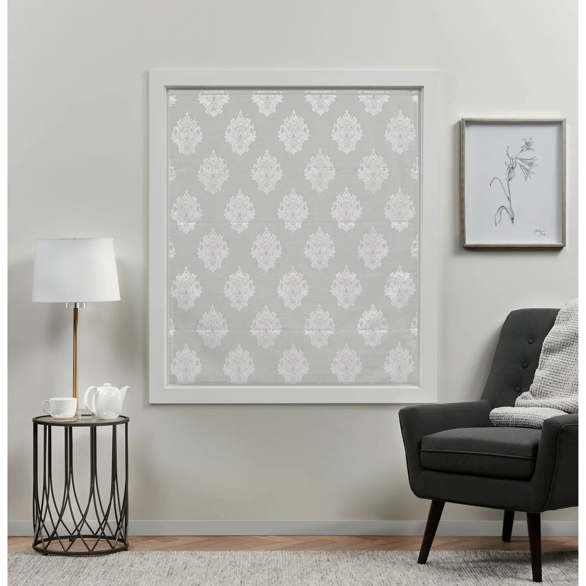 Exclusive Home Marseilles Damask 100% Blackout Roman Shade, 34"x64", Silver