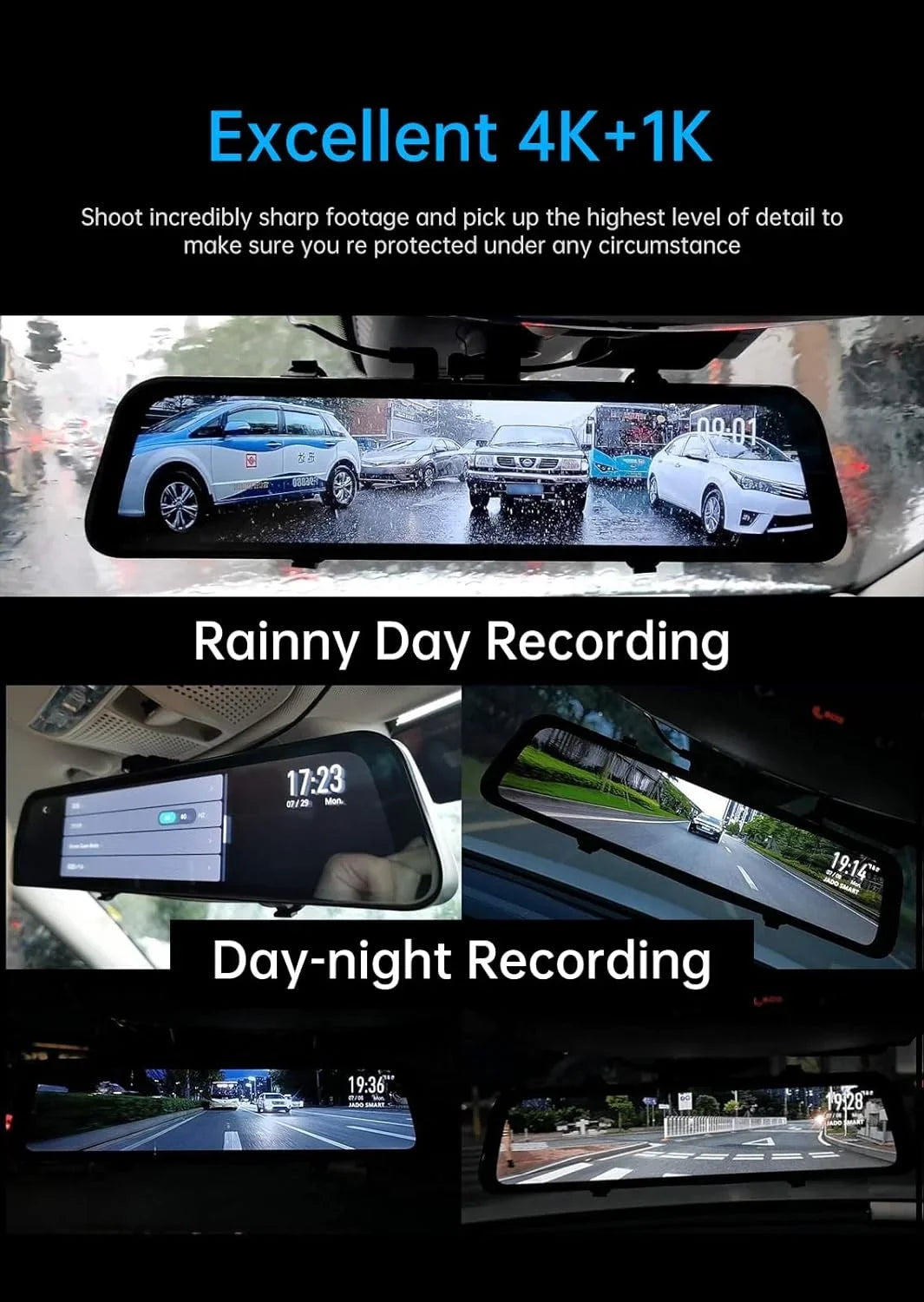 JOMISE K17 Dash Cam 4K GPS 12" Rear View Mirror Camera 2160P Ultra HD Front and Rear Night Vision Parking Assistante 64GB Card