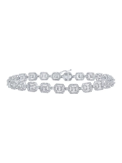 Macey Worldwide Jewelry 10k White Gold Mens Baguette Diamond Square Link Bracelet 4 Ctw