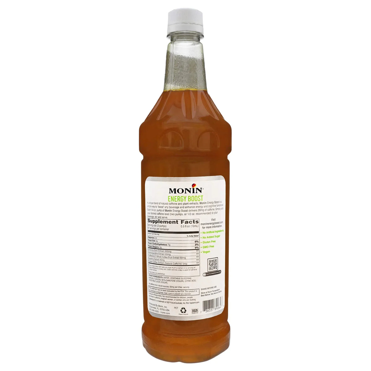 Monin - Energy Boost, Liquid Energy Supplement, Subtle Tea Flavor, Zero Added Sugar, Great For Coffee, Soda, & More, Low-Calorie, Contains Natural Caffeine, Gluten-Free, Clean Label (1 Liter + Pump)