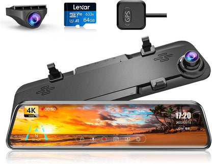 JOMISE K17 Dash Cam 4K GPS 12" Rear View Mirror Camera 2160P Ultra HD Front and Rear Night Vision Parking Assistante 64GB Card