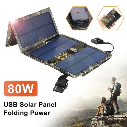 JLLOM Outdoor 80W USB Solar Panel Folding Power Bank Camping Hiking Phone Charger