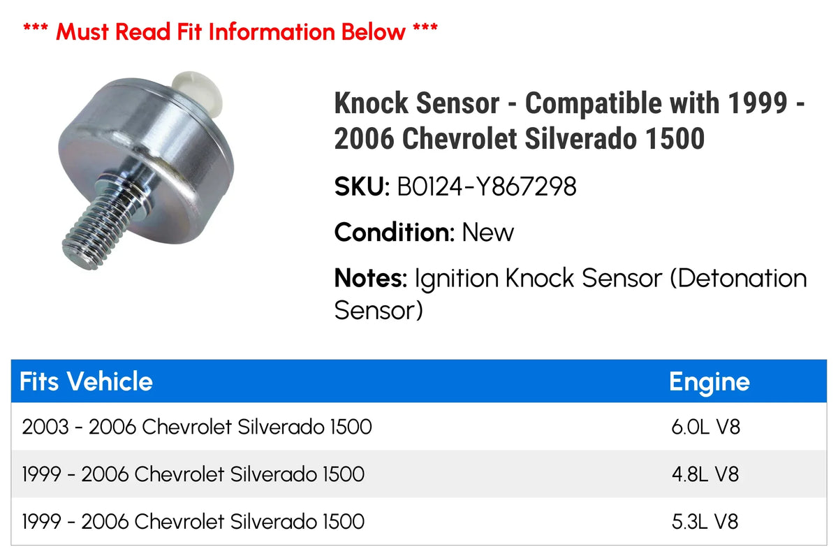 Knock Sensor - Compatible with 1999 - 2006 Chevy Silverado 1500 2000 2001 2002 2003 2004 2005