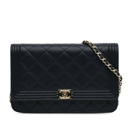 Pre-Owned Authenticated Chanel Boy Wallet On Chain Lambskin Leather Blue Crossbody Bag Unisex (Good)