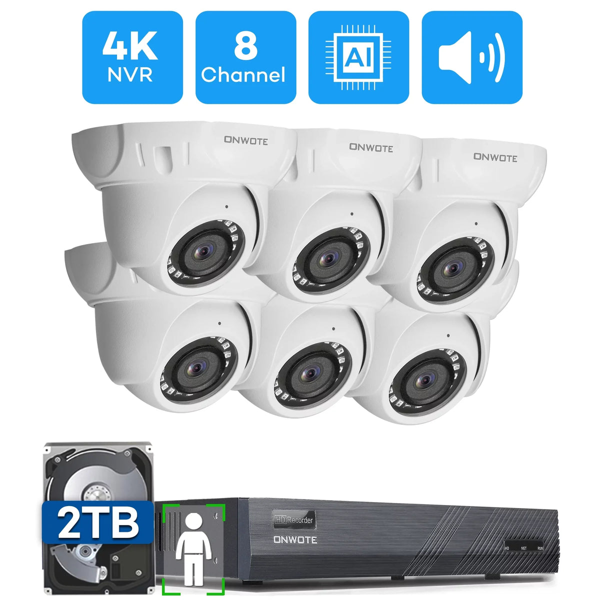 ONWOTE 8 Channel 4K Security Camera System, AI Human Detection, 8CH 4K 8MP POE NVR with 2TB HDD for 24/7 Recording, 6pcs 4K Wide Angle Outdoor Cameras Wired, 8 Channel Synchronous Playback