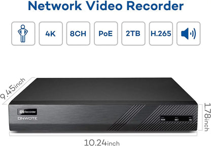 ONWOTE 8 Channel 4K Security Camera System, AI Human Detection, 8CH 4K 8MP POE NVR with 2TB HDD for 24/7 Recording, 6pcs 4K Wide Angle Outdoor Cameras Wired, 8 Channel Synchronous Playback