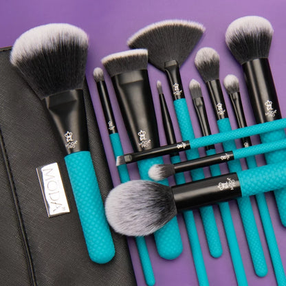 Moda Brush Pro Full Face 13pc Teal Makeup Brush Set with Wrap, Includes Flat Powder, Highlight, and Crease Makeup Brushes