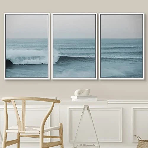 PixonSign Framed Wall Art Set Wide Angle Rushing Ocean Waves and Surfers Nature Wilderness Photography Modern Chic Scenic Modern Art for Living Room, Bedroom, Office - 24"x36"x3 White
