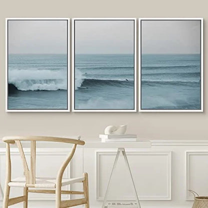 PixonSign Framed Wall Art Set Wide Angle Rushing Ocean Waves and Surfers Nature Wilderness Photography Modern Chic Scenic Modern Art for Living Room, Bedroom, Office - 24"x36"x3 White
