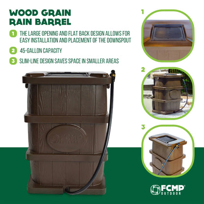 FCMP Outdoor WG4000 45 Gallon Wood Grain Rain Water Catcher Barrel, Brown