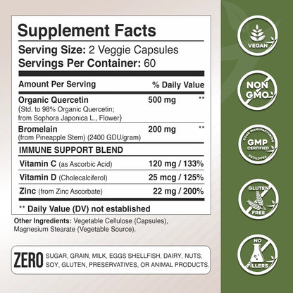 Quercetin Complex with Bromelain, quercetin supplements 500mg, with Vitamin C and Zinc, Bioflavonoids for Healthy Immune Support, vitamin D3, zinc quercetin, Third Party Tested.