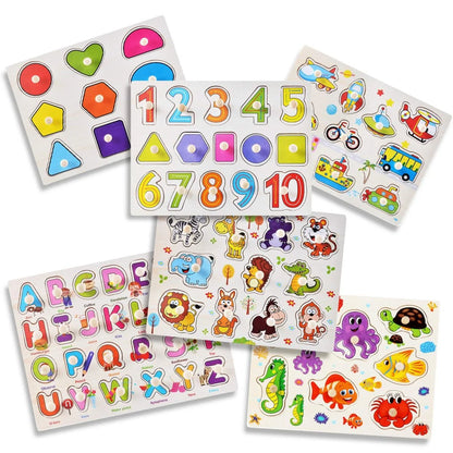 6-Pack Wooden Peg Puzzles Letters, Numbers, Shapes & Animals