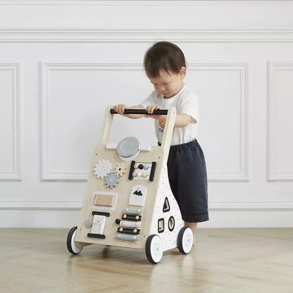 Wooden Baby Walker with Activity Board and Adjustable Wheel Resistance