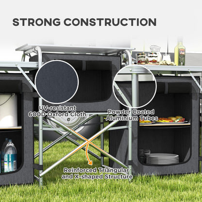 Outsunny Folding Camping Kitchen with Windshield Fabric Cupboards Black