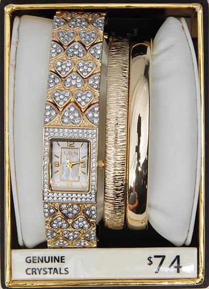 Elgin Adult Female Gold-Tone White MOP Round Crystal Double Bangle Watch Set (EG8012ST)