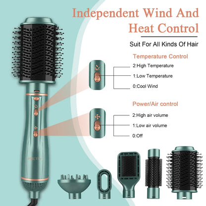 Pretfy Hair Dryer Brush, 5 in 1 Blow Dryer & Volumizer, Negative Ion Detachable Hot Air Brush Set Hair Styler for Straightening/ Drying/ Curling/ Styling