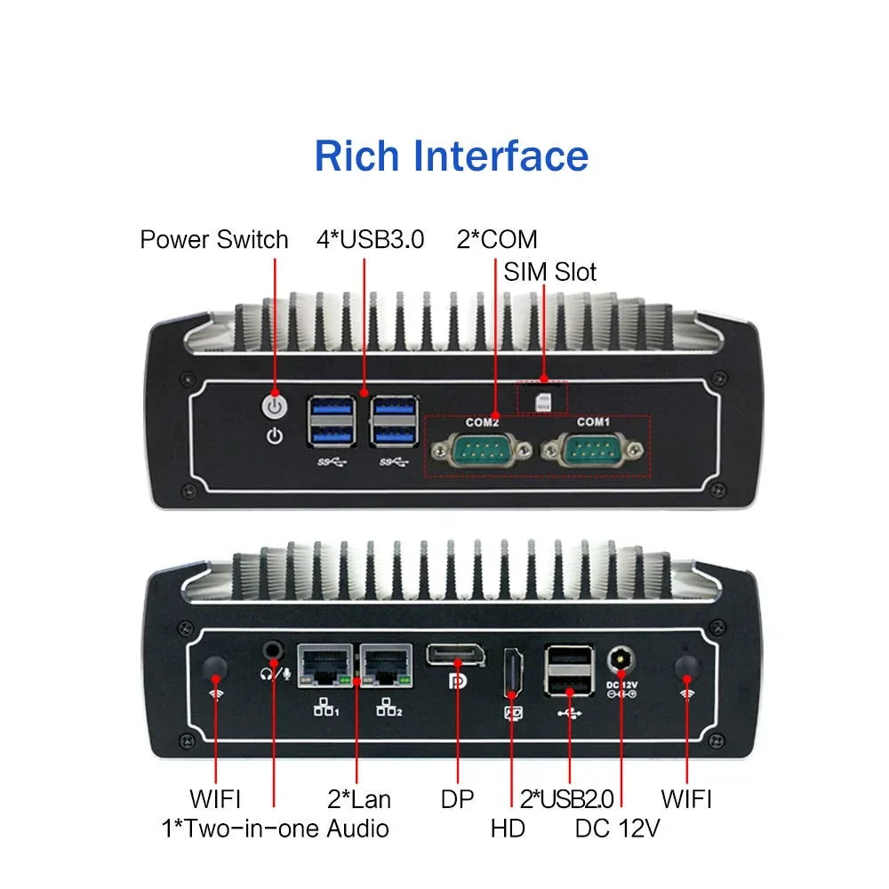 PARTAKER Fanless Mini PC, 4K Powerful Industrial Mini Computer, Core i5 8250U 8th Gen, 4 Cores CPU, 16GB Ram 240GB SSD 1TB HDD, Dual Nic, HD, DP, 4*USB3.0, SIM Card Slot, 2 COM, Windows 10 Pro