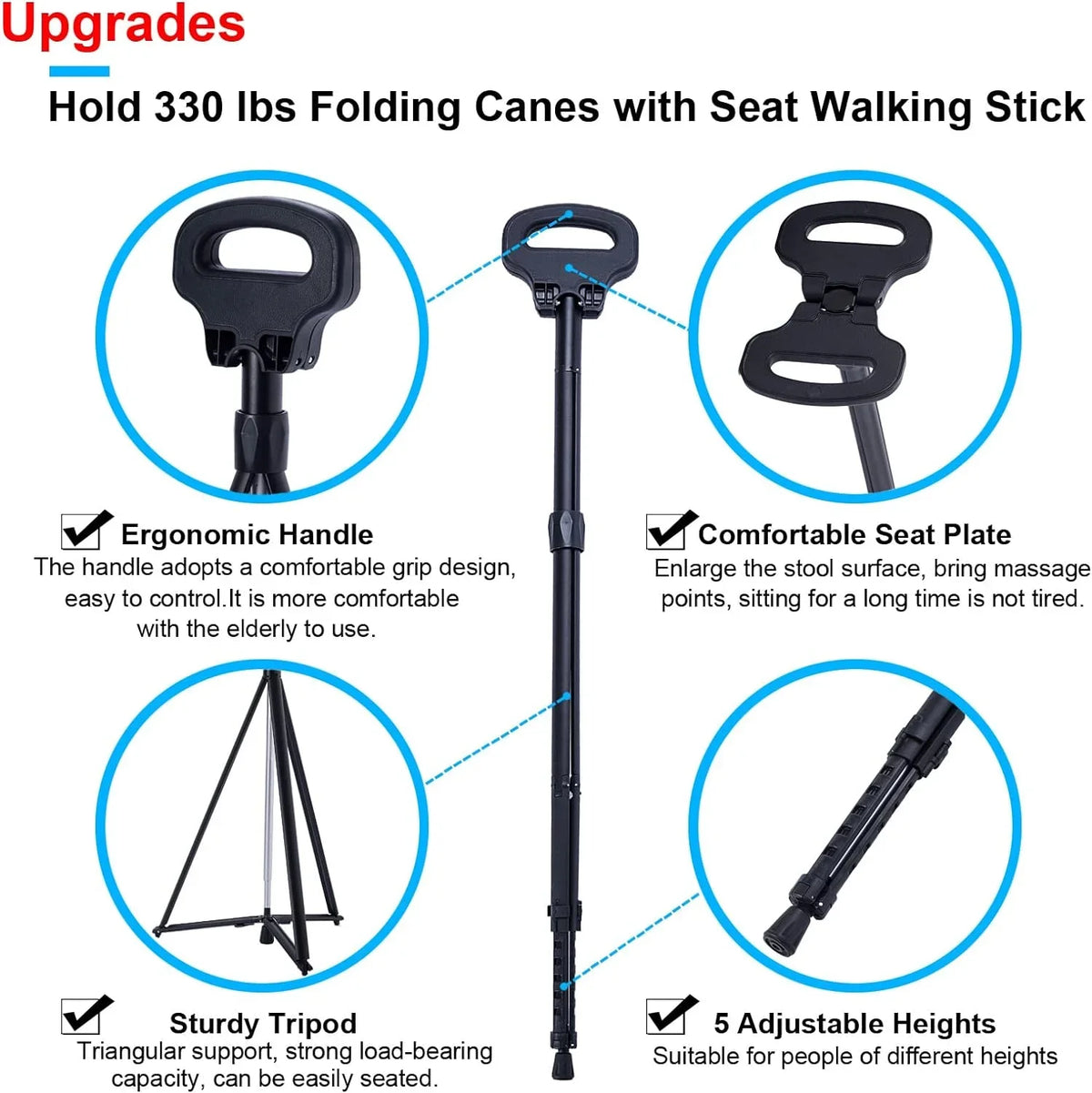 Portable Cane Saddle Folding Walking Cane for Men & Women Sturdy Tripod Cane Stool Lightweight Balancing Mobility Aid Crutch Chair with Travel Bag and 2 Base Canes for Elderly, Seniors & Handicap