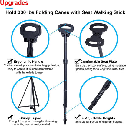 Portable Cane Saddle Folding Walking Cane for Men & Women Sturdy Tripod Cane Stool Lightweight Balancing Mobility Aid Crutch Chair with Travel Bag and 2 Base Canes for Elderly, Seniors & Handicap
