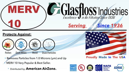 Glasfloss Air Filter 20x20x2 - 2" MERV 10 - (Pack of 4) - Pleated AC or HVAC Air Filter - Furnace Air Filter - Home or Office - Made In The USA.