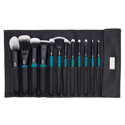Moda Brush Pro Full Face 13pc Teal Makeup Brush Set with Wrap, Includes Flat Powder, Highlight, and Crease Makeup Brushes