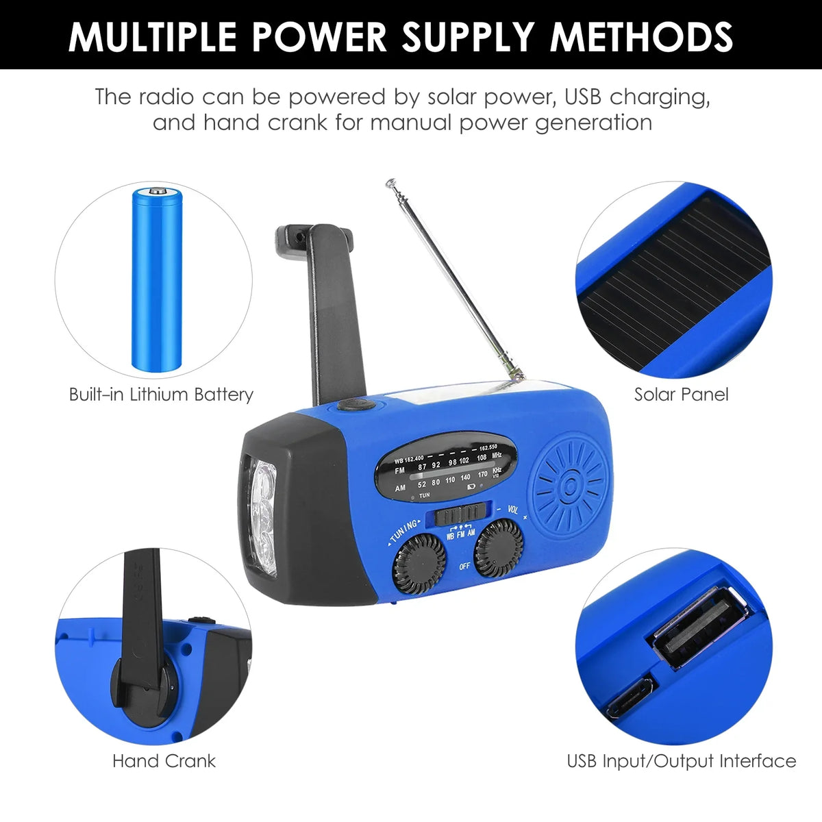 Emergency Hand Crank Solar Weather AM / / NOAA Emergency Weather Rechargeable Portable Power Bank with Solar Charging & Hand Crank & Battery Operated LED Flashlight Cell Reading Lamp fo