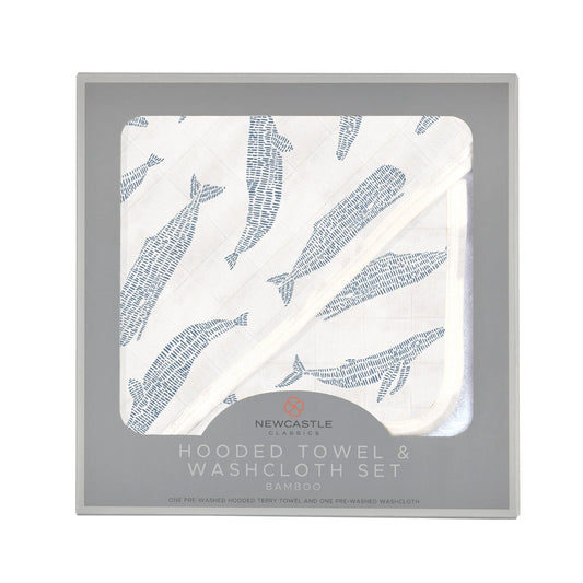 Blue Shadow Whales Bamboo Hooded Towel and Washcloth Set
