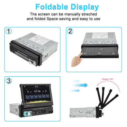 Podofo Universal Single 1 DIN 7" HD Touchscreen Retractable Car Stereo Radio Bluetooth Auto Apple Carplay Android Auto FM Video Player Mirror Link Function, with 12 LED Backup Camera