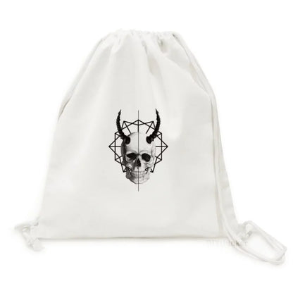 l Face Horn Line Art Deco Fashion Backpack Canvas Drawstring Reusable Mesh Shopping Bag