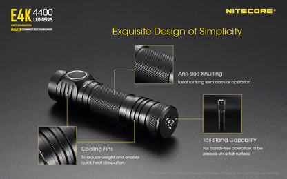 NITECORE E4K Next generation 21700 Compact EDC Flashlight -4400 Lumens - 1x NITECORE 21700 Rechargeable Li-ion Battery Included w/Eco-Sensa USB Fast 3Amp Wall Charger