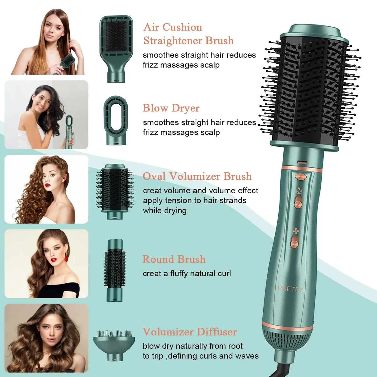 Pretfy Hair Dryer Brush, 5 in 1 Blow Dryer & Volumizer, Negative Ion Detachable Hot Air Brush Set Hair Styler for Straightening/ Drying/ Curling/ Styling