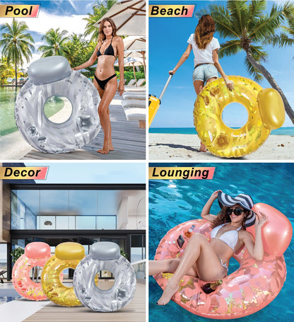 POZA Inflatable Luxury Tubes with Back Rest - Rose Gold, Gold, Silver Sparkle Confetti Filled Luxurious Lounger, Thick Pool Float Tubes, Built in Phone and Cup Holder with Handles, 42 Inch, Pack of 3