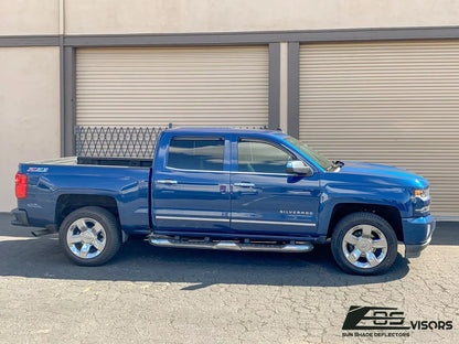 Extreme Online Store Fits ALL 2014-2018 Chevrolet Silverado 1500 Crew Cab Models | EOS Visors IN-CHANNEL Style SMOKE TINTED Side Vents Window Deflectors Rain Guards