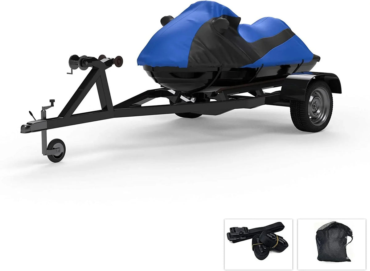 Custom Contour Fit Weatherproof Jet Ski Cover for Kawasaki 1100 STX DI 1997-1999 - Blue/Black Color - All Weather - Trailerable - Protect from Rain & Sun! Includes Trailer Straps & Storage Bag