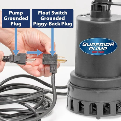 Superior Pump 92572 1/2 HP Thermoplastic Submersible Water Sump Pump with Vertical Float Switch, Black