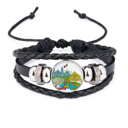 Mexico Culture Flag Famous Tourist Spots Graffiti Bracelet Braided Leather Woven Rope Wristband