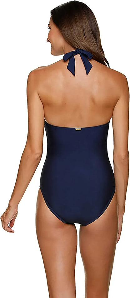Helen Jon Womens Resort Essentials Plunge Tortoise One-Piece Swimsuit Small Navy Solid