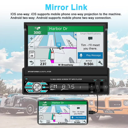 Podofo Universal Single 1 DIN 7" HD Touchscreen Retractable Car Stereo Radio Bluetooth Auto Apple Carplay Android Auto FM Video Player Mirror Link Function, with 12 LED Backup Camera