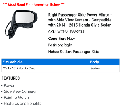Right Passenger Side Power Mirror - with Side View Camera - Compatible with 2014 - 2015 Honda Civic Sedan