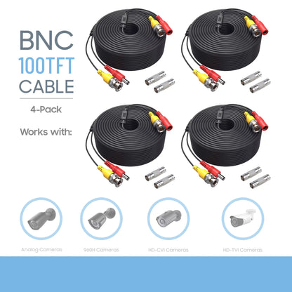 K-MAINS Pack of 4 CCTV Security Camera BNC Cable Siamese Pre-Made 2-in-1 Video and Power Universal Wire PVC Black Cord 100 feet
