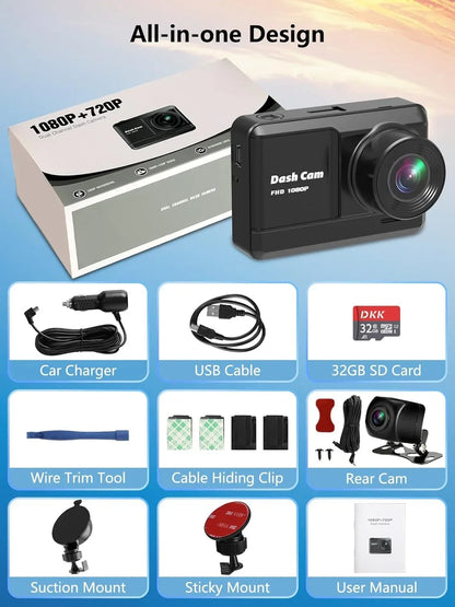 Dash Cam Front and Rear, Mini Dash Cam 1080P Full HD with 32GB SD Card, 2.45 inch IPS Screen, 2 Mounting Ways, Night Vision, WDR, Accident Lock, Loop Recording, Parking Monitor Car,Motorcyle,Balls