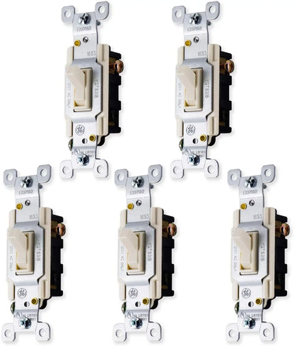 GE Switch, Light Grounding Toggle 5 Pack, 3-Way, 15 Amp, Light Almond, 44032