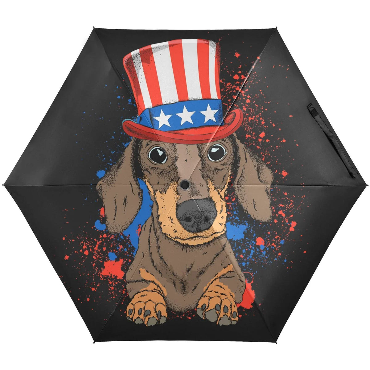 JSTEL Dog in Old American Hat with A Flag Folding Umbrella for Rain Sun Travel Mini Lightweight Compact Umbrellas