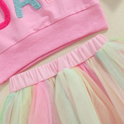 Kids Girls Outfit Long Sleeve Embroidery Letters Sweatshirt Tulle Skirt Birthday Clothes