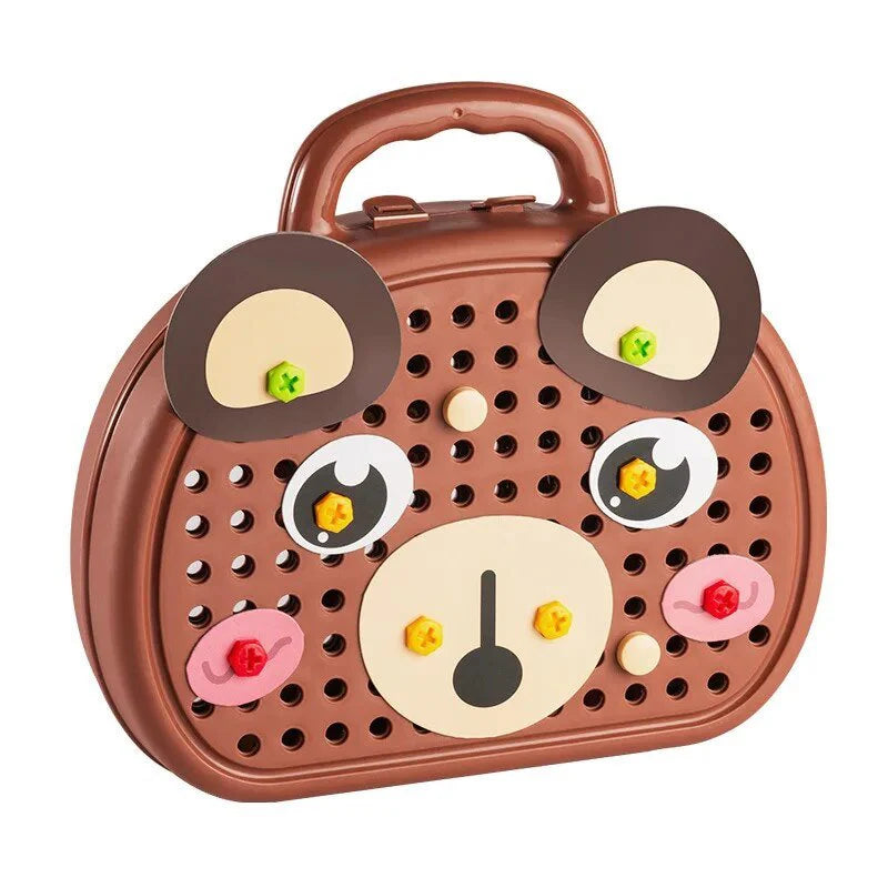 Montessori Toolbox Set with Drill, 204 Pieces in Bear & Dog Suitcase