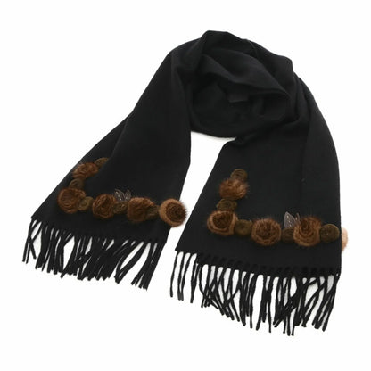 Pre-Owned Fendi Stole Scarf Flower Motif Black 100% Cashmere (Good)